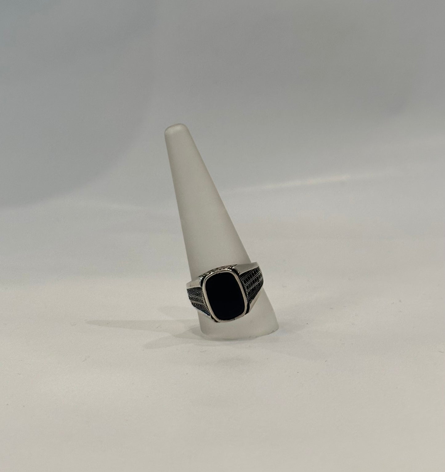 Engraved Silver and Onyx Ring