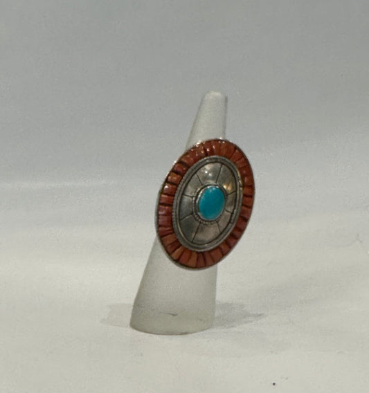 Red Coral, Turquoise and silver Ring