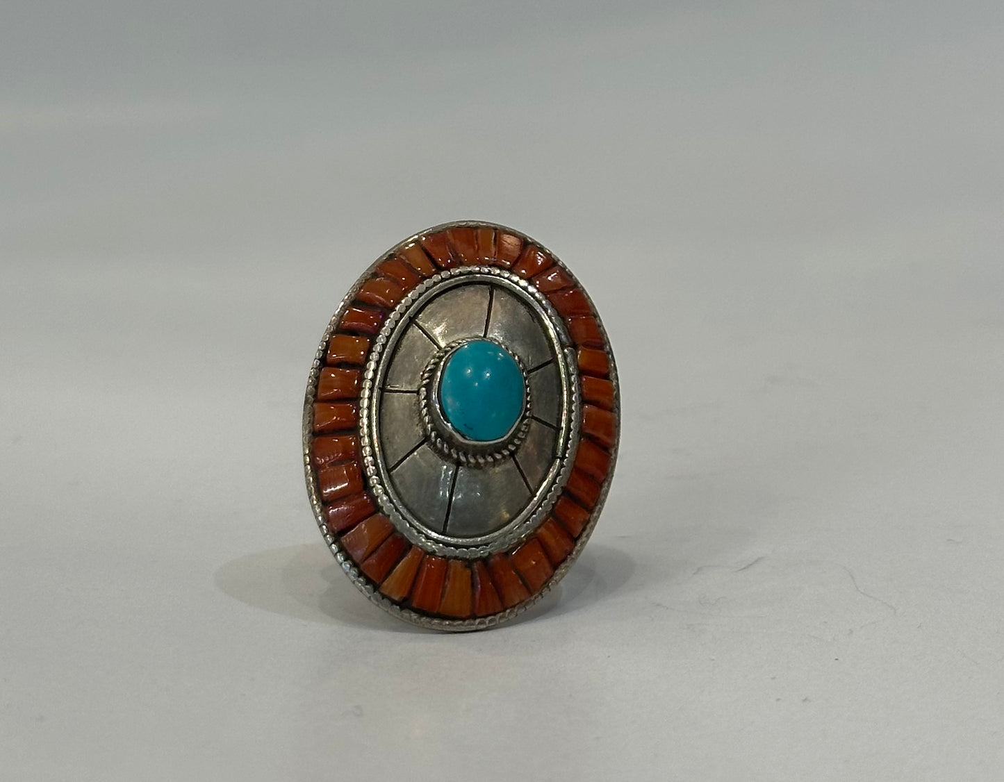 Red Coral, Turquoise and silver Ring