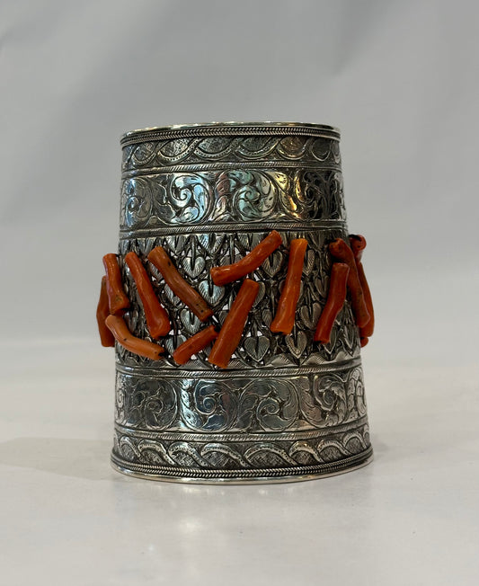 Moroccan silver and Coral cuff bracelet